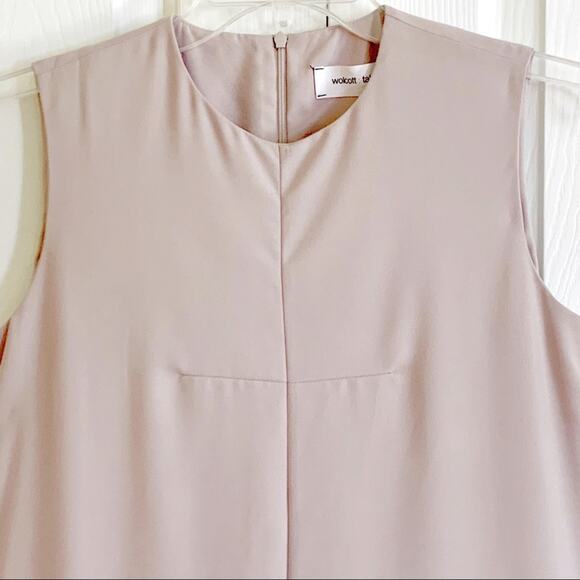 Walcott:Takemoto Dress Designer Silk Taupe Sleeveless Box Pleat Sheath Small NEW - Picture 6 of 12